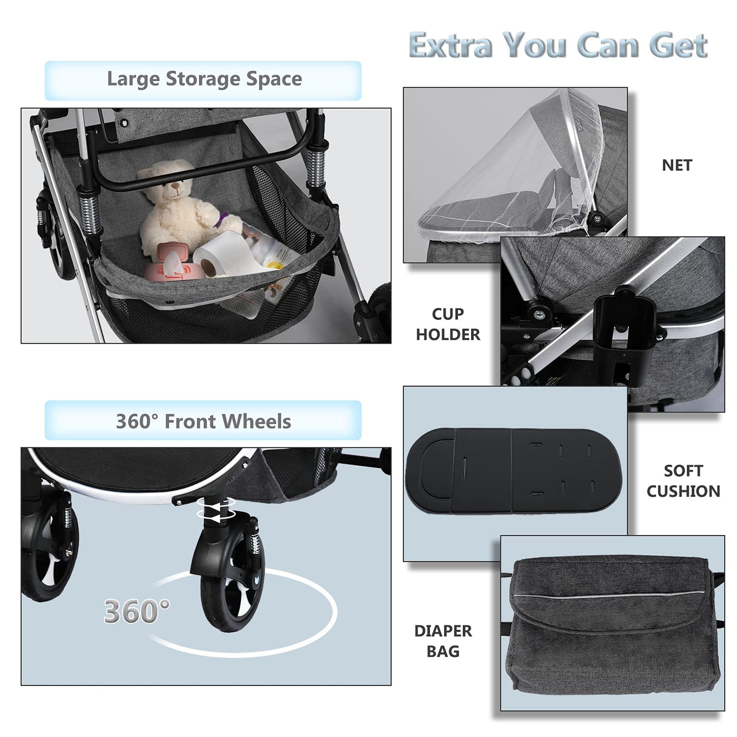 Baby Stroller 2 in 1 Convertible, Folding High Landscape Infant Carriage, Newborn Reversible Pram, Diaper Bag, Anti-Shock Toddler Pushchair Stroller, Dark Grey