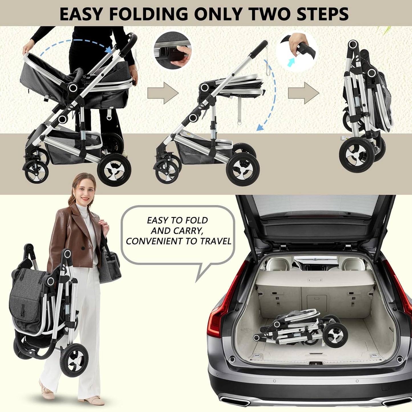 Baby Stroller 2 in 1 Convertible, Folding High Landscape Infant Carriage, Newborn Reversible Pram, Diaper Bag, Anti-Shock Toddler Pushchair Stroller, Dark Grey