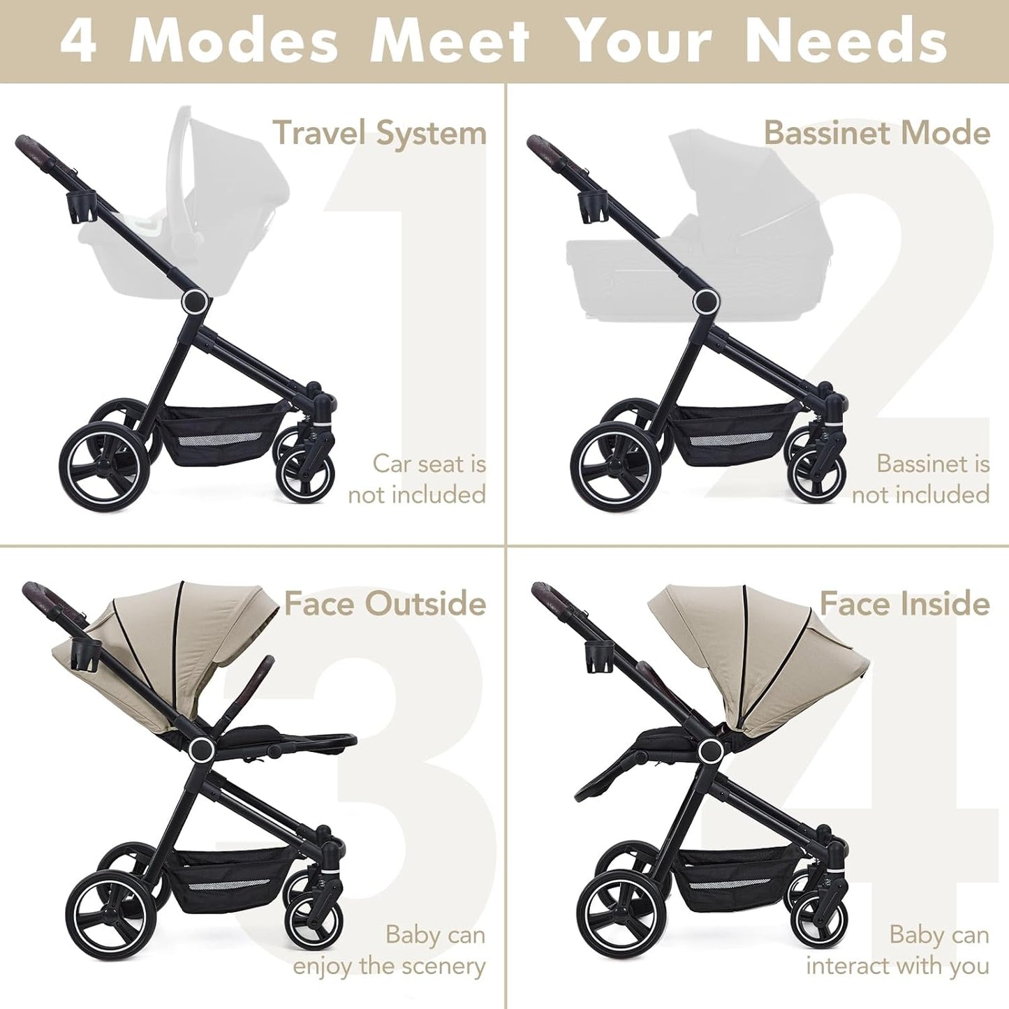Stroller for Newborn, Convertible Baby Pram with Reversible Seat and One-Hand Fold