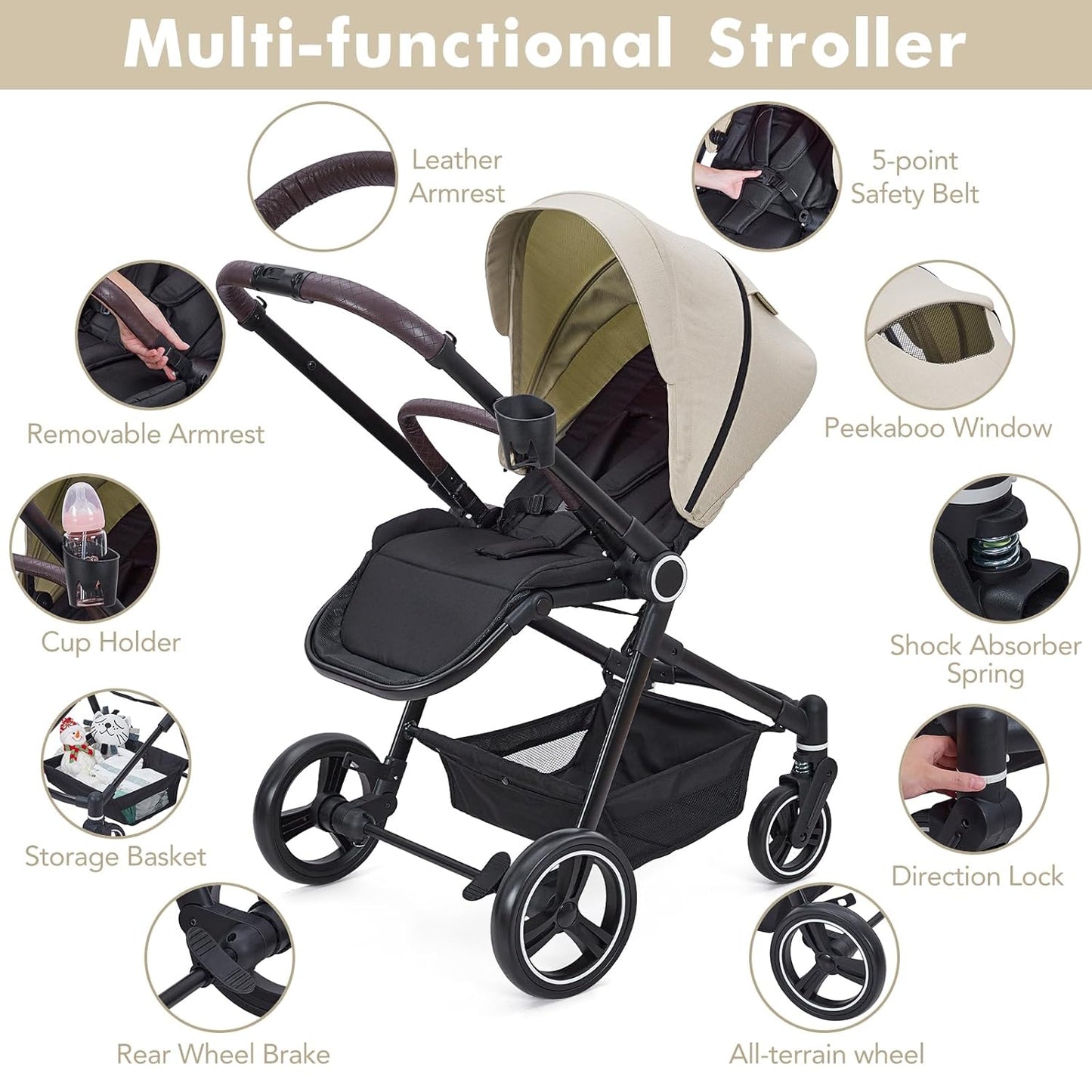 Stroller for Newborn, Convertible Baby Pram with Reversible Seat and One-Hand Fold