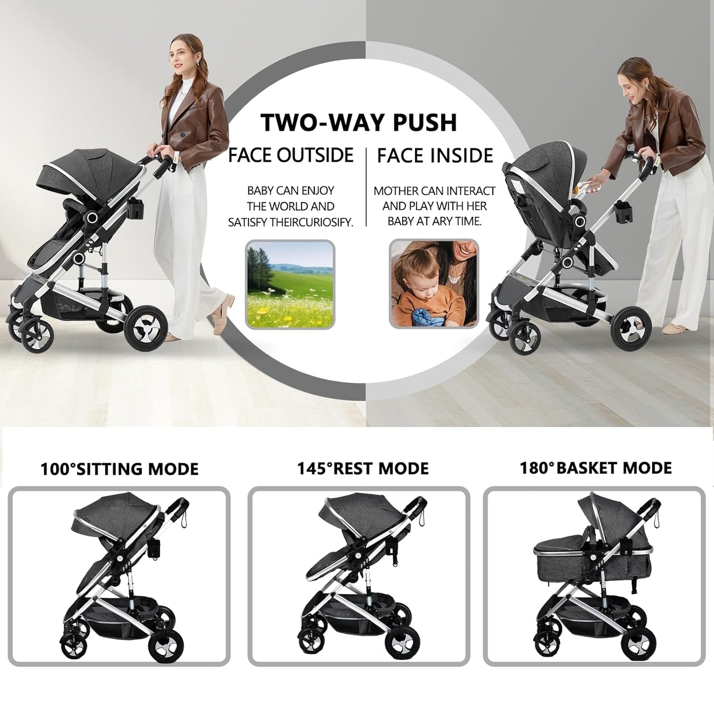 Baby Stroller 2 in 1 Convertible, Folding High Landscape Infant Carriage, Newborn Reversible Pram, Diaper Bag, Anti-Shock Toddler Pushchair Stroller, Dark Grey