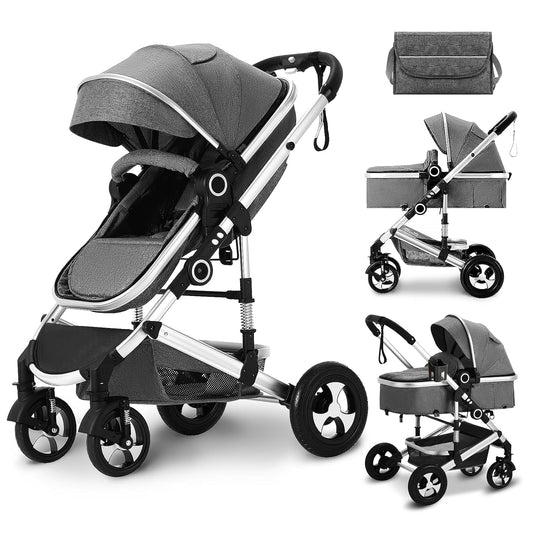 Baby Stroller 2 in 1 Convertible, Folding High Landscape Infant Carriage, Newborn Reversible Pram, Diaper Bag, Anti-Shock Toddler Pushchair Stroller, Dark Grey