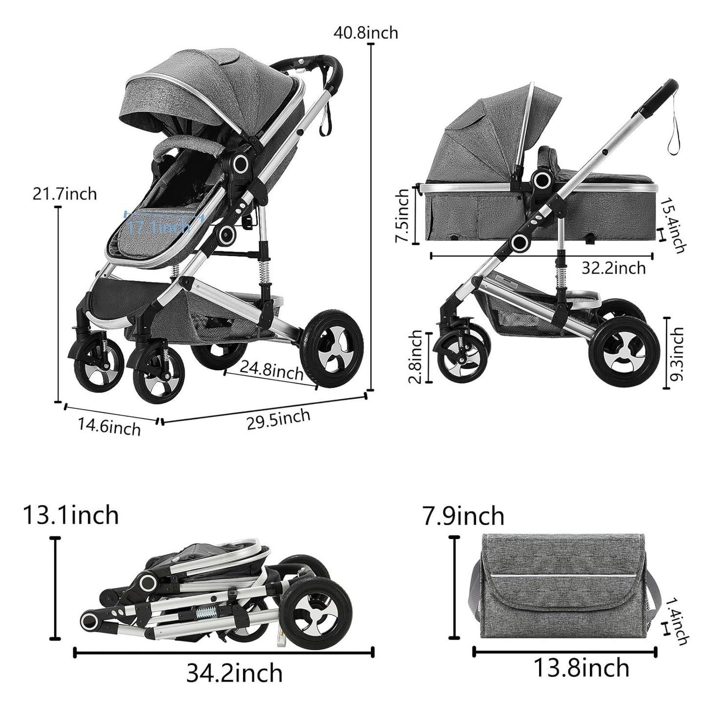 Baby Stroller 2 in 1 Convertible, Folding High Landscape Infant Carriage, Newborn Reversible Pram, Diaper Bag, Anti-Shock Toddler Pushchair Stroller, Dark Grey
